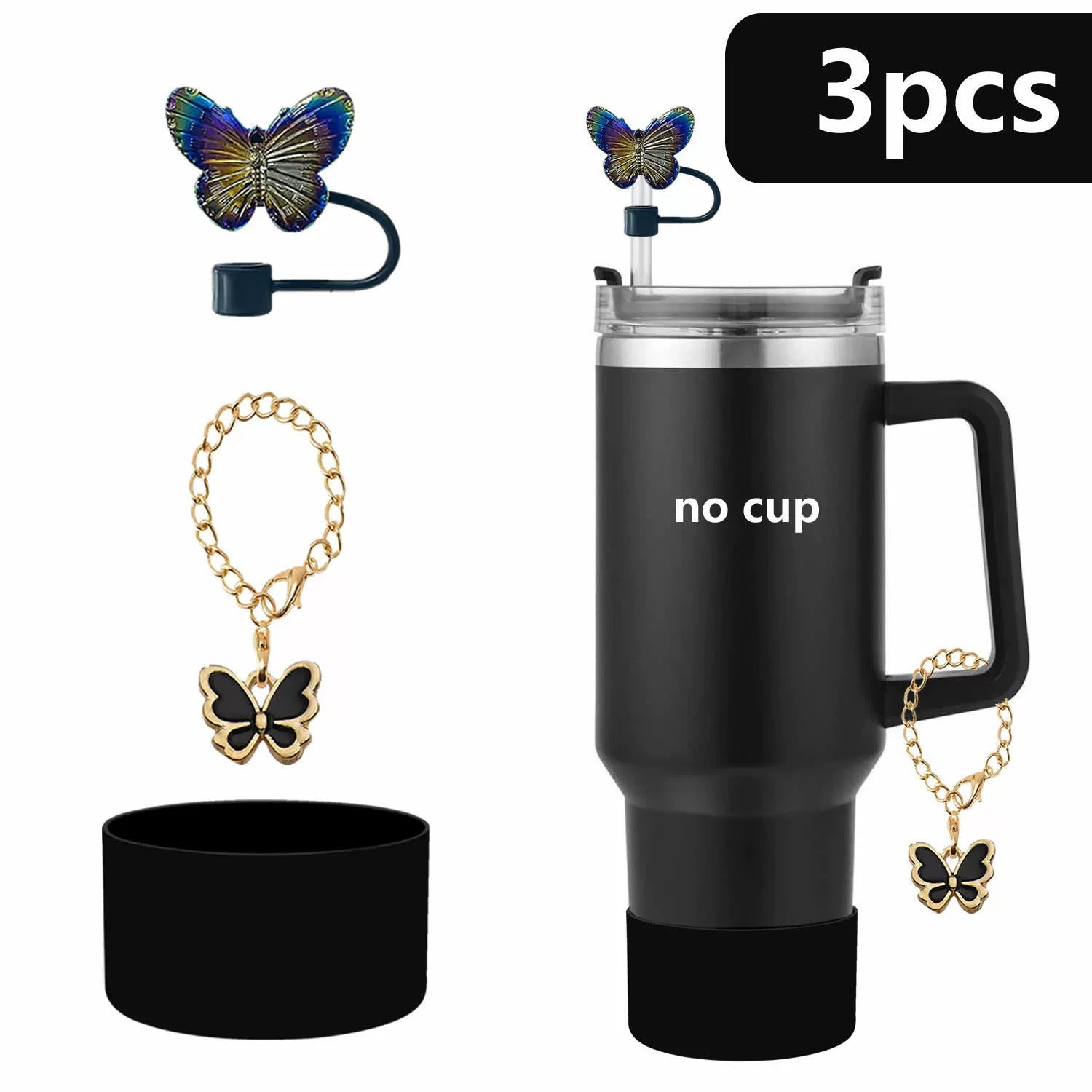 Wholesale Cup butterfly decorative straw cap silicone cup cover resin butterfly cup chain silicone cover 3-piece set